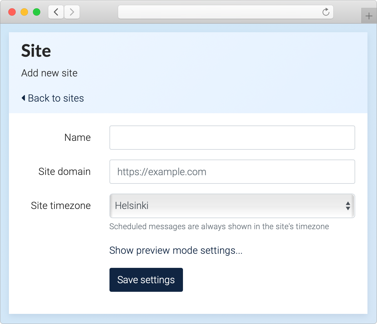 Site settings window displaying name, site domain, and site timezone settings.